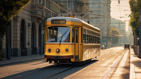A tram rides down the street city.の素材