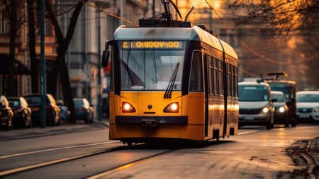 A tram rides down the street city.の素材