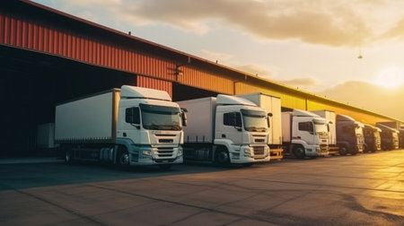 A white freight trucks park front the warehouse. industrial of logistics and goods storage concept.の素材