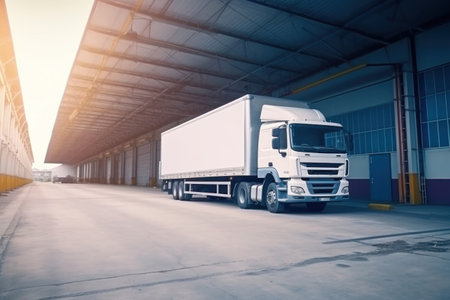 A white freight trucks park front the warehouse. industrial of logistics and goods storage concept.の素材
