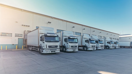 A white freight trucks park front the warehouse. industrial of logistics and goods storage concept.の素材