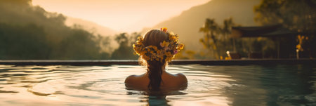 behind of a woman with flowers in hair relaxing in Infinity pool with a view to the jungle.の素材