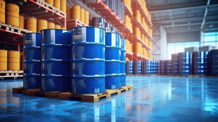 Blue barrel drum on the pallets contain liquid chemical in warehouse prepare. Manufacture of chemicals production. Oil and chemical industrial works concept.の素材