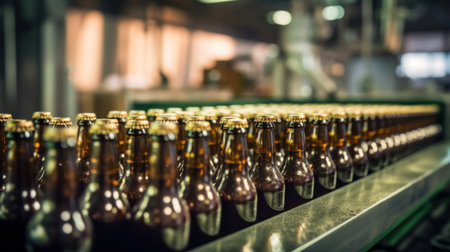 Brown glass beer bottles on a production line conveyor belt in a brewery, industrial food production.の素材