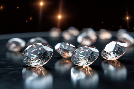 Close up of Brilliant cut diamonds sparkle intensely, scattered on a reflective surface with a soft focus on the background.の素材