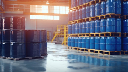 Blue barrel drum on the pallets contain liquid chemical in warehouse prepare. Manufacture of chemicals production. Oil and chemical industrial works concept.の素材