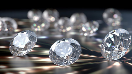 Close up of Brilliant cut diamonds sparkle intensely, scattered on a reflective surface with a soft focus on the background.の素材