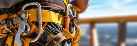 Close up of Work on high-altitude equipment. Fall arrest device for worker with safety belt hooksの素材