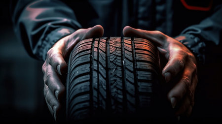 Close up hand of Car tire service and hands of mechanic holding new tyreの素材