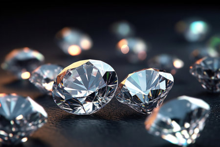 Close up of Brilliant cut diamonds sparkle intensely, scattered on a reflective surface with a soft focus on the background.の素材