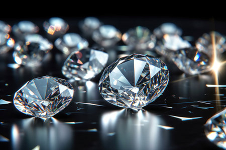 Close up of Brilliant cut diamonds sparkle intensely, scattered on a reflective surface with a soft focus on the background.の素材