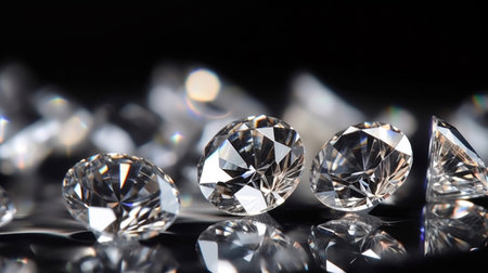 Close up of Brilliant cut diamonds sparkle intensely, scattered on a reflective surface with a soft focus on the background.の素材