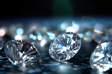 Close up of Brilliant cut diamonds sparkle intensely, scattered on a reflective surface with a soft focus on the background.の素材