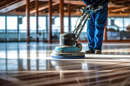 Close up of worker polishing hard floor with high speed polishing machine.の素材