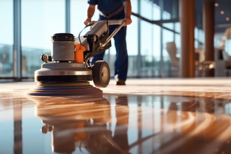 Close up of worker polishing hard floor with high speed polishing machine.の素材