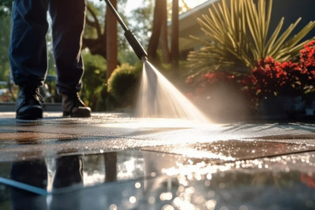 Close up worker cleaning driveway with pressure washer, professional cleaning service, Deep cleaning under high pressure.の素材
