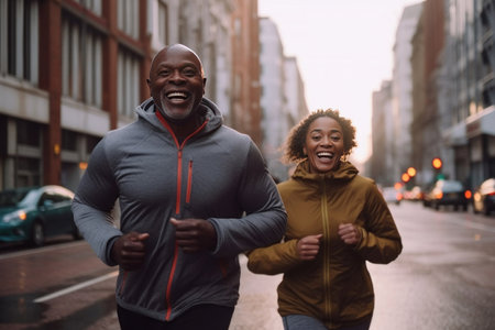 Couple of Happy african american middle aged adults jogging in city streets.の素材