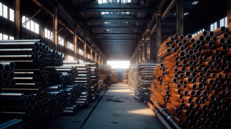 Stack of steel pipes in a warehouse.の素材