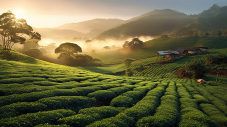Picturesque tea plantation in the morning.の素材