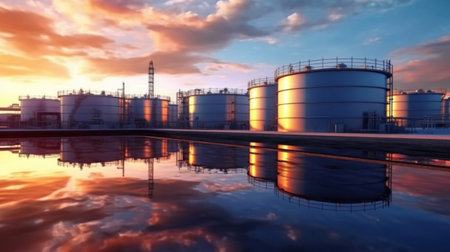 Chemical industry tank storage white carbon steel the tank. Oil and chemical industrial works concept.の素材