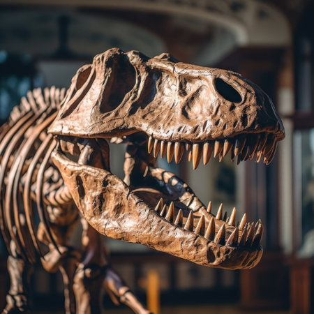 a T-Rex dinosaur skeleton in a museum.の素材