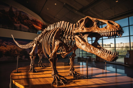a T-Rex dinosaur skeleton in a museum.の素材