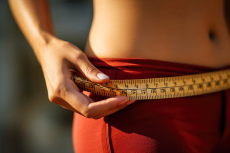 Close up hand of a woman measuring her waist with measuring tape.の素材