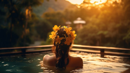 behind of a woman with flowers in hair relaxing in Infinity pool with a view to the jungle.の素材