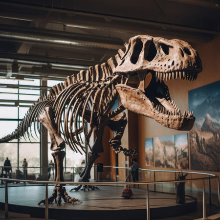 a T-Rex dinosaur skeleton in a museum.の素材