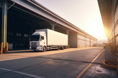 A white freight trucks park front the warehouse. industrial of logistics and goods storage concept.の素材