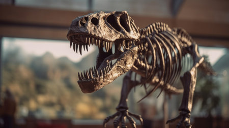 a T-Rex dinosaur skeleton in a museum.の素材