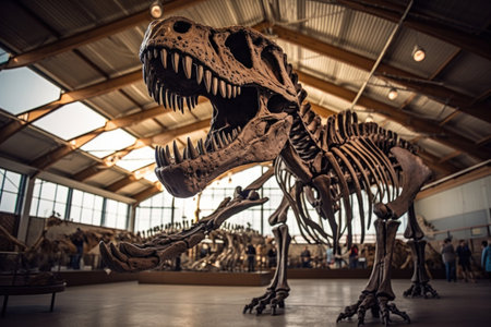 a T-Rex dinosaur skeleton in a museum.の素材