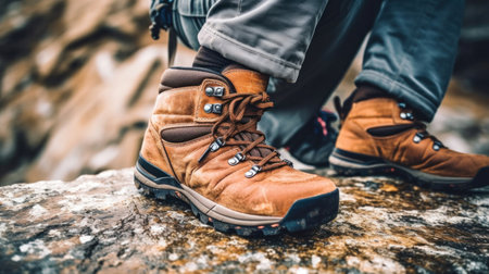 Close up of hiking boots, A mountain climber.の素材