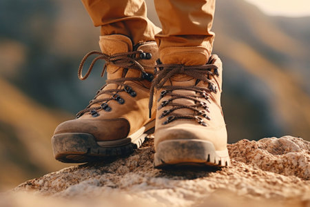 Close up of hiking boots, A mountain climber.の素材