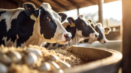 Close up of Cows feeding on fodder in stable row.の素材