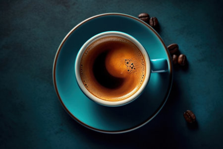 A cup of espresso coffee on a saucer background using dark blue color. top viewの素材