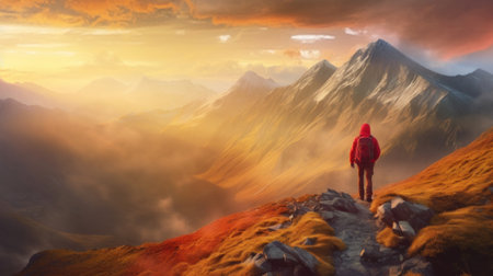 A hiker in a red jacket ascends a rocky mountain path against a stunning backdrop of golden sunrise and misty mountain peaks.の素材