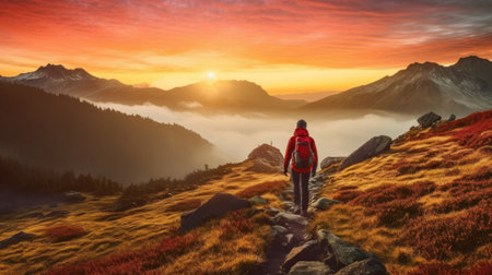 A hiker in a red jacket ascends a rocky mountain path against a stunning backdrop of golden sunrise and misty mountain peaks.の素材
