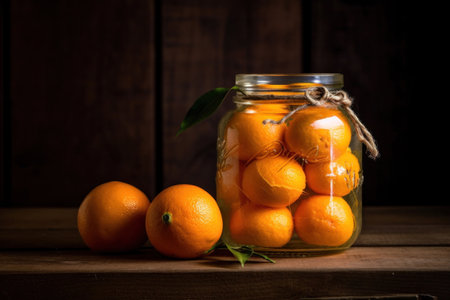 A jar with canned orange and fresh oranges on a wooden table, Canned oranges.の素材