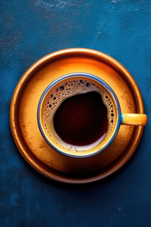 A cup of espresso coffee on a saucer background using dark blue color. top viewの素材