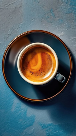 A cup of espresso coffee on a saucer background using dark blue color. top viewの素材