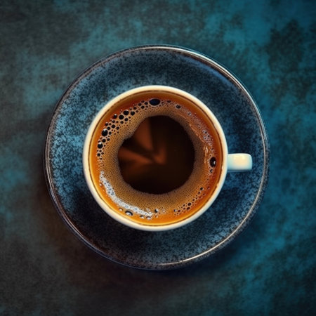 A cup of espresso coffee on a saucer background using dark blue color. top viewの素材