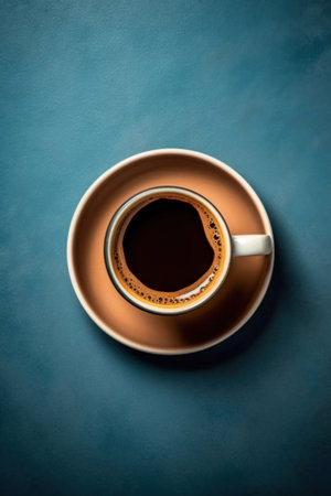 A cup of espresso coffee on a saucer background using dark blue color. top viewの素材
