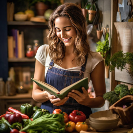 A happy woman in an apron stands in a rustic kitchen, reading a recipe book surrounded by fresh vegetables and a bowl of salad, home cooking atmosphere.の素材