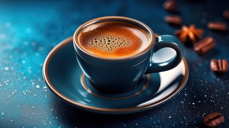 A cup of espresso coffee on a saucer background using dark blue color. top viewの素材