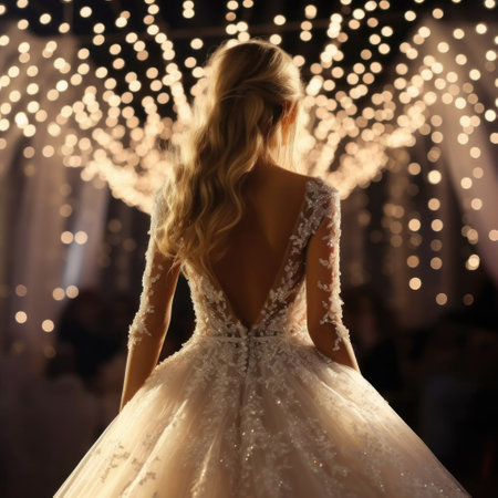 A dride from behind in wedding dress woman, bright glitter background.の素材