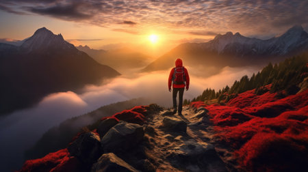 A hiker in a red jacket ascends a rocky mountain path against a stunning backdrop of golden sunrise and misty mountain peaks.の素材