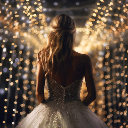 A dride from behind in wedding dress woman, bright glitter background.の素材