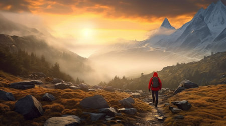 A hiker in a red jacket ascends a rocky mountain path against a stunning backdrop of golden sunrise and misty mountain peaks.の素材