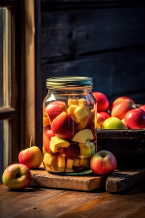 A jar with canned apples and fresh apples on wooden table, Canned apples.の素材